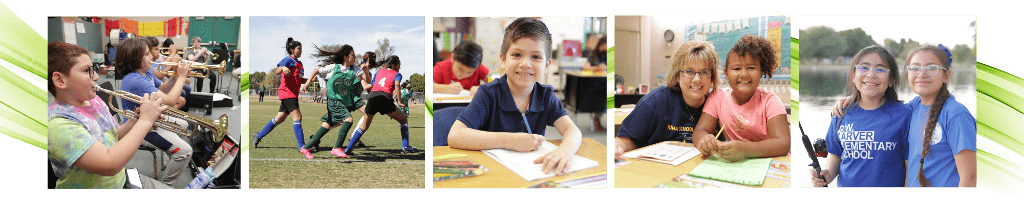 students playing trumpets, students playing on the field outside, student at desk writing, teacher and student working on assignment, two students fishing